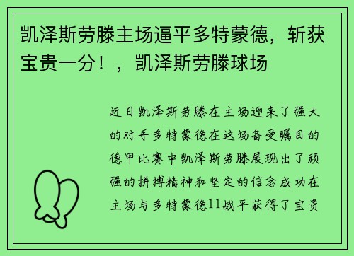 凯泽斯劳滕主场逼平多特蒙德，斩获宝贵一分！，凯泽斯劳滕球场