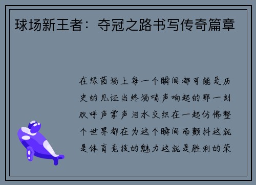 球场新王者：夺冠之路书写传奇篇章