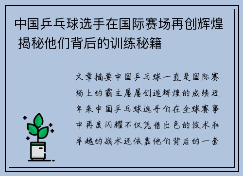 中国乒乓球选手在国际赛场再创辉煌 揭秘他们背后的训练秘籍